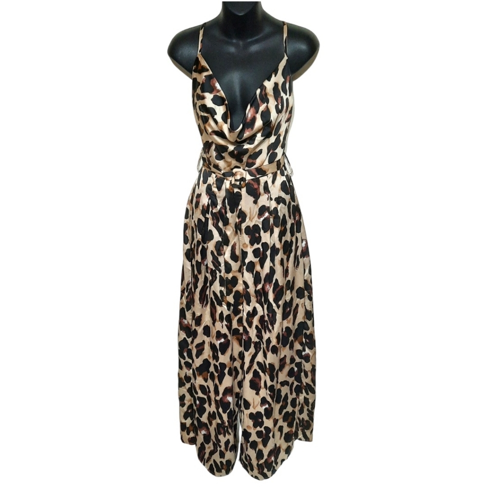 SELFIE LESLIE Wideleg Cowl Jumpsuit Strappy Satin Flowy Leopard Night Ou… - Picture 2 of 12